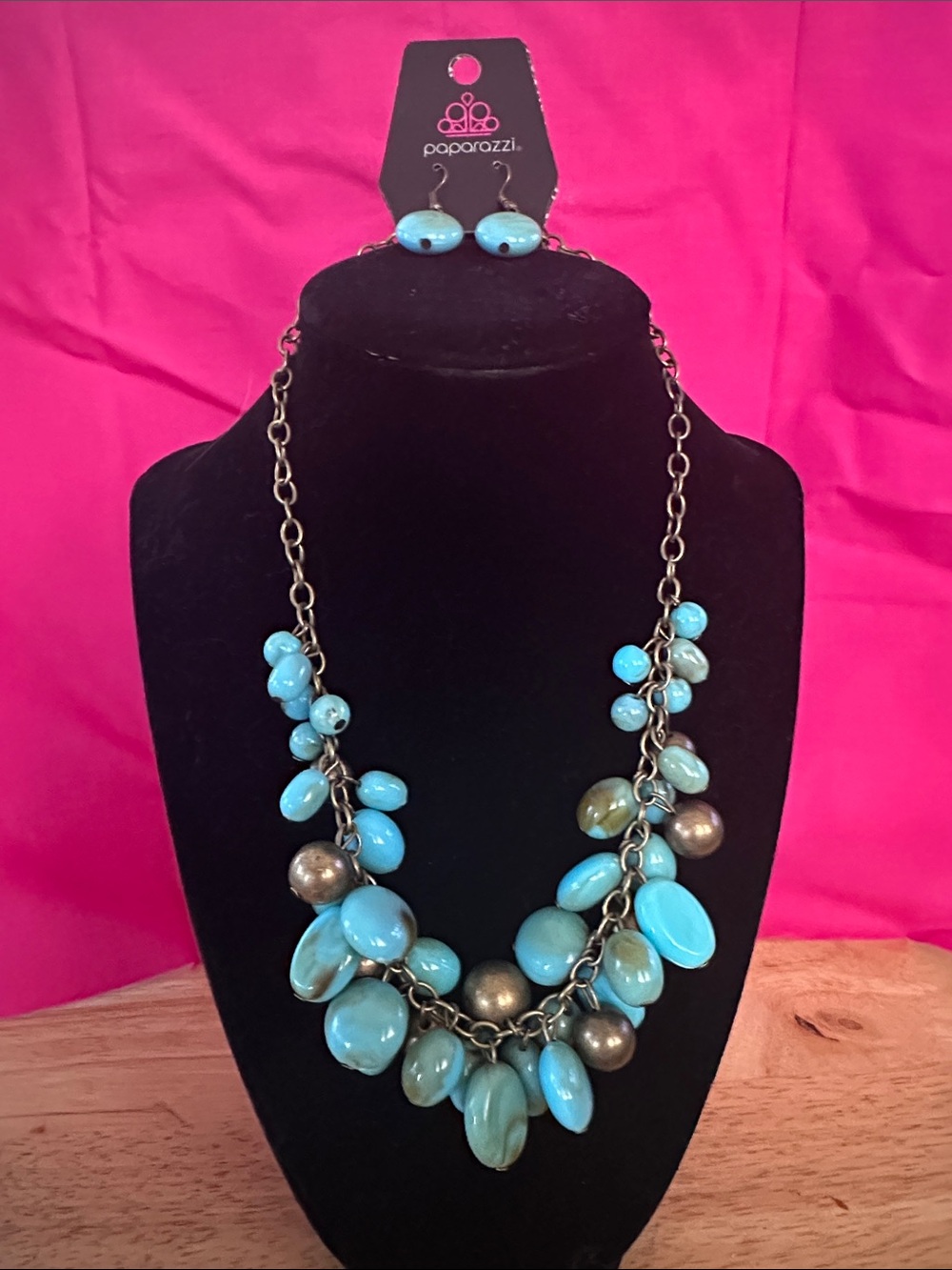 Paparazzi Aqua Cluster Bead Necklace with Brass Accents